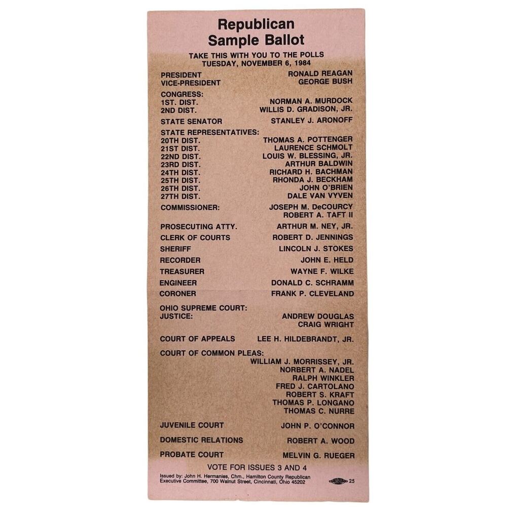 Ohio Republican Sample Ballot November 6 84 Reagan Bush Murdock Gradison Aronoff